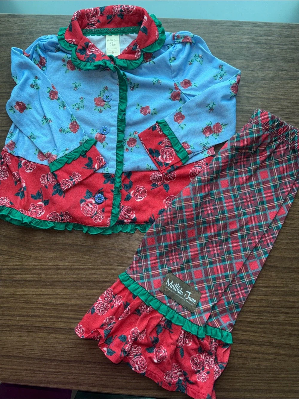 Matilda Jane Blue, Red & Green Floral Plaid Pajama Set